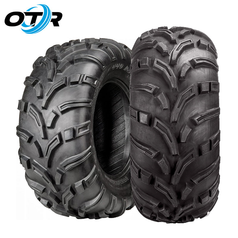 Angled view and tread view of the OTR 440 MAG directional mud and all-terrain 6-ply tire designed for ATV, UTV, SXS, and RTV applications, for sale by Ride or Die Tire, always free shipping.