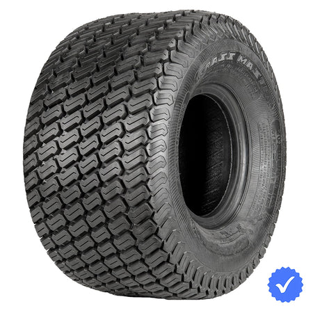 Angled view of the popular OEM style lawn and turf tire for ZTR and light duty tractors, the OTR Grass Master classis "s-style" tread block pattern, designed to be yard friendly and minimize damage while providing good traction, tubeless bias-ply design, and offered with free shipping on all of the available sizes.