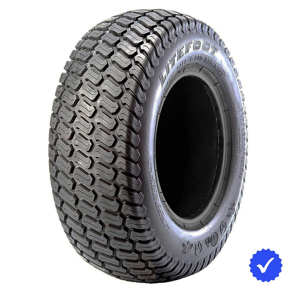 Angled view of the OTR Litefoot lawn, turf, ztr, and mower tire, designed to be a turf friendly, OEM style tire replacement, manufactured with 4-ply, 6-ply, or 10-ply bias construction and classic angled tread block design, with available tire liner models, all sizes offered with free shipping.