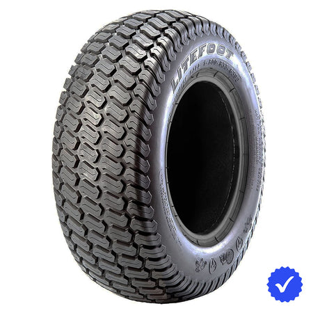 Angled view of the OTR Litefoot lawn, turf, ztr, and mower tire, designed to be a turf friendly, OEM style tire replacement, manufactured with 4-ply, 6-ply, or 10-ply bias construction and classic angled tread block design, with available tire liner models, all sizes offered with free shipping.