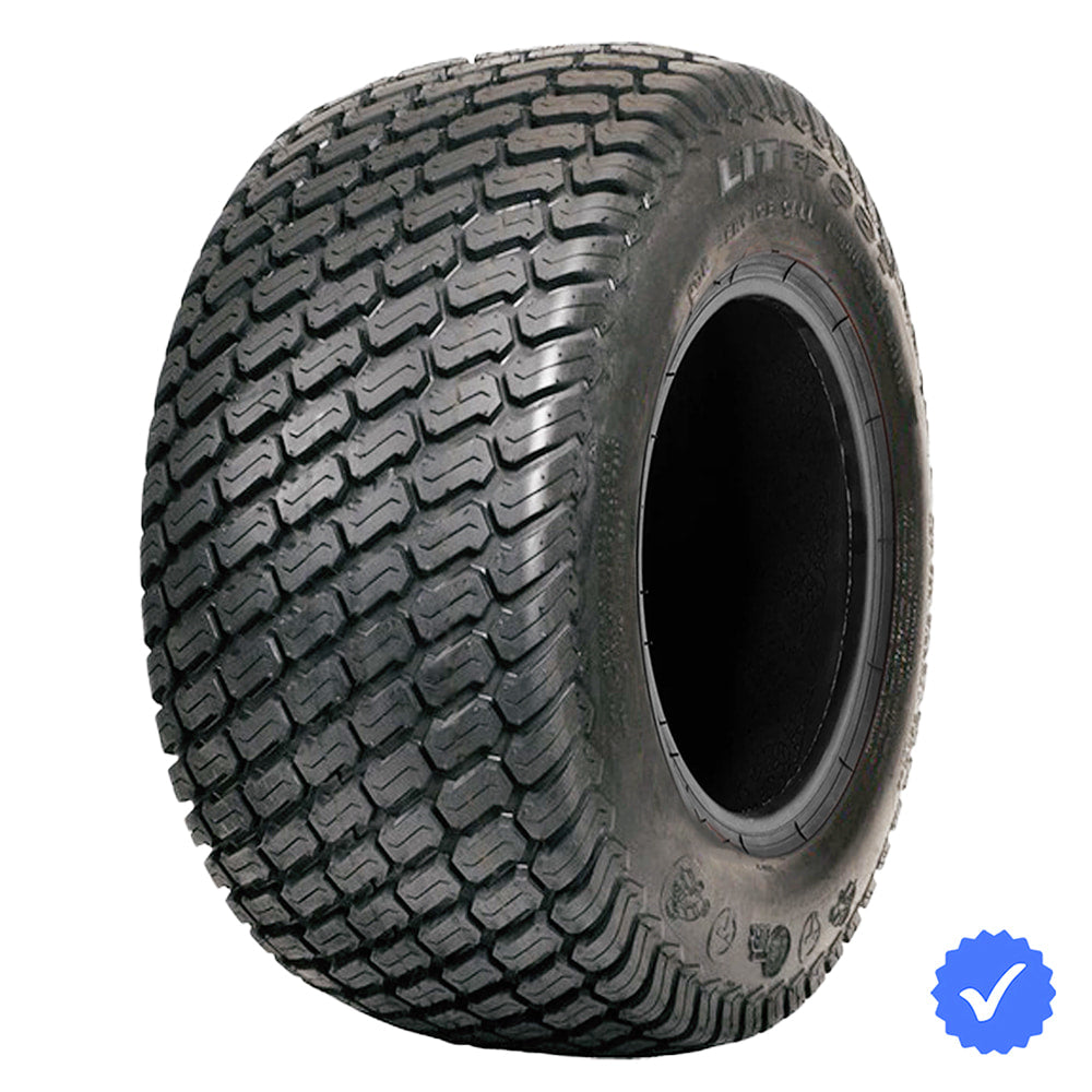Angled view of the OTR Litefoot lawn, turf, ztr, and mower tire, designed to be a turf friendly, OEM style tire replacement, manufactured with 4 or 6 ply bias construction and classic angled tread block design, all sizes offered with free shipping.