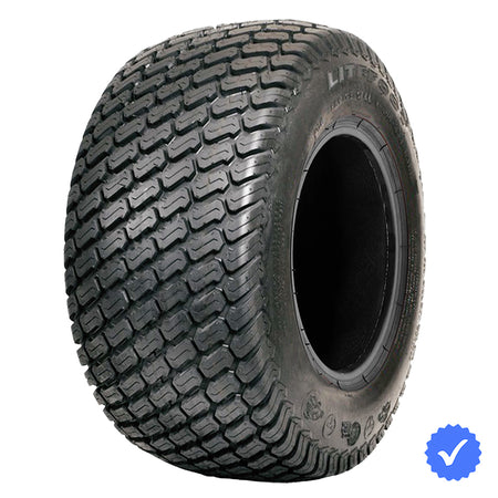 Angled view of the OTR Litefoot lawn, turf, ztr, and mower tire, designed to be a turf friendly, OEM style tire replacement, manufactured with 4 or 6 ply bias construction and classic angled tread block design, all sizes offered with free shipping.