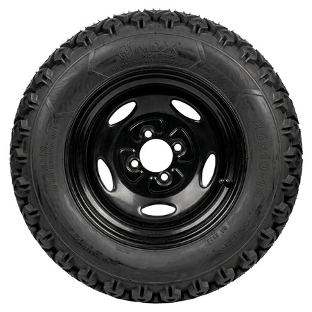 Full sidewall view of the OTR 350 Mag NDX lineup of heavy duty RTV and Utility tire and wheel assemblies, available in 25x10-14 and 26x9-14 sizes with 4-bolt and 5-bolt lug patterns, featuring a speed rating up to 62 mph and a high 1,100 pound load rating.