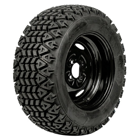 Angled view of the highly durable and great value OTR 350 Mag NDX airless utility tire in 4-lug bolt pattern, offered in 25" and 26" tall sizes, designed to eliminate the headaches and downtime of damaged tires on UTVs, SXSs, and utility equipment, all sizes offered with fast and free shipping.