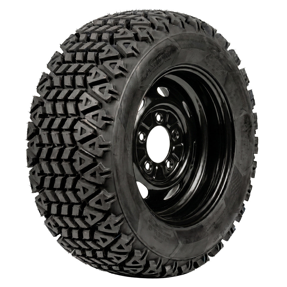Angled view of the highly durable and great value OTR 350 Mag NDX airless utility tire in 5x4.5 bolt pattern, offered in 25" and 26" tall sizes, designed to eliminate the headaches and downtime of damaged tires on UTVs, SXSs, and utility equipment, all sizes offered with fast and free shipping.