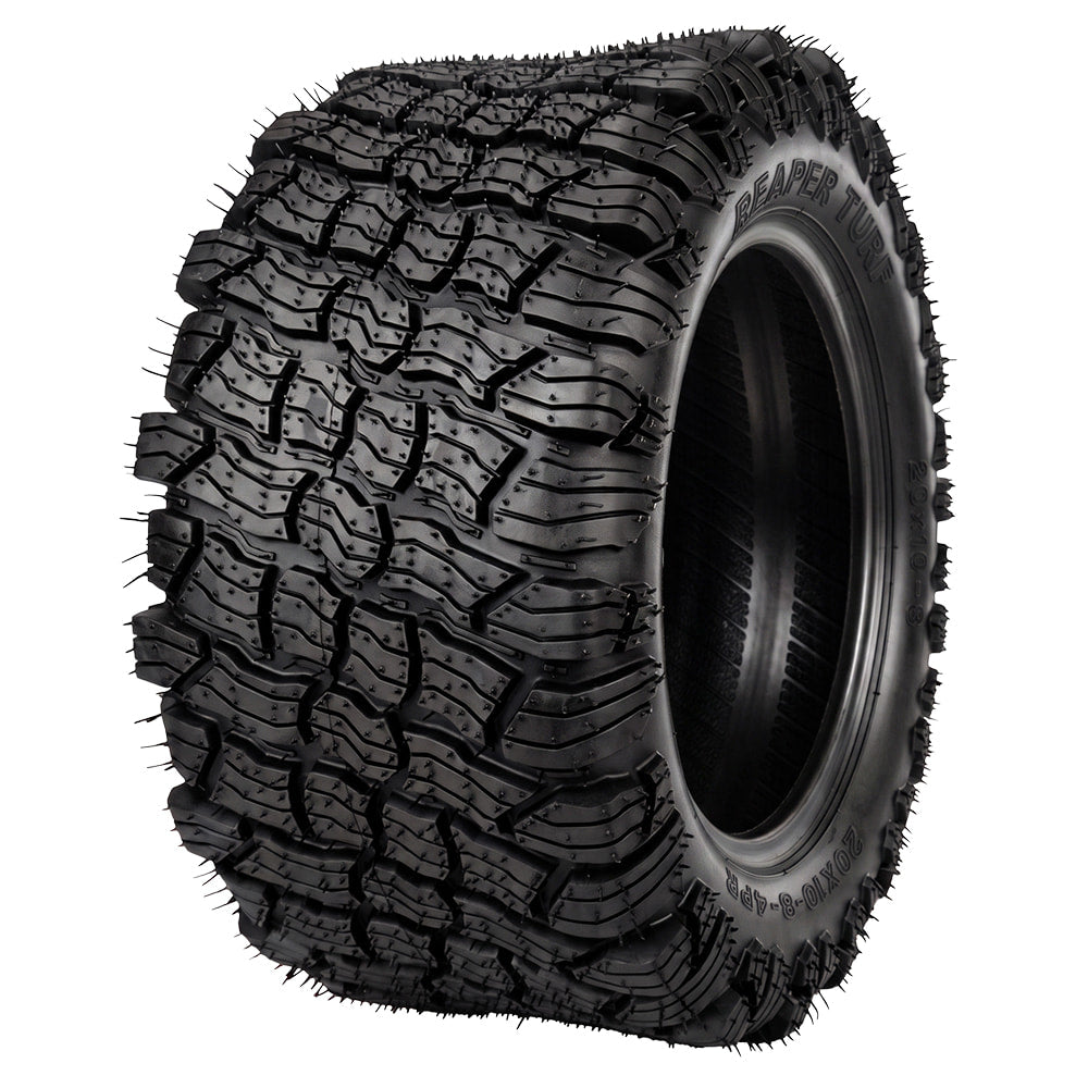 Angled view of the OTR Reaper Turf ZTR, lawn and garden tire, designed as an OEM and aftermarket replacement tire, offering better traction and rugged 4-ply bias construction, available for 8", 10", and 12" rim sizes, all with fast and free shipping from Ride or Die Tire.