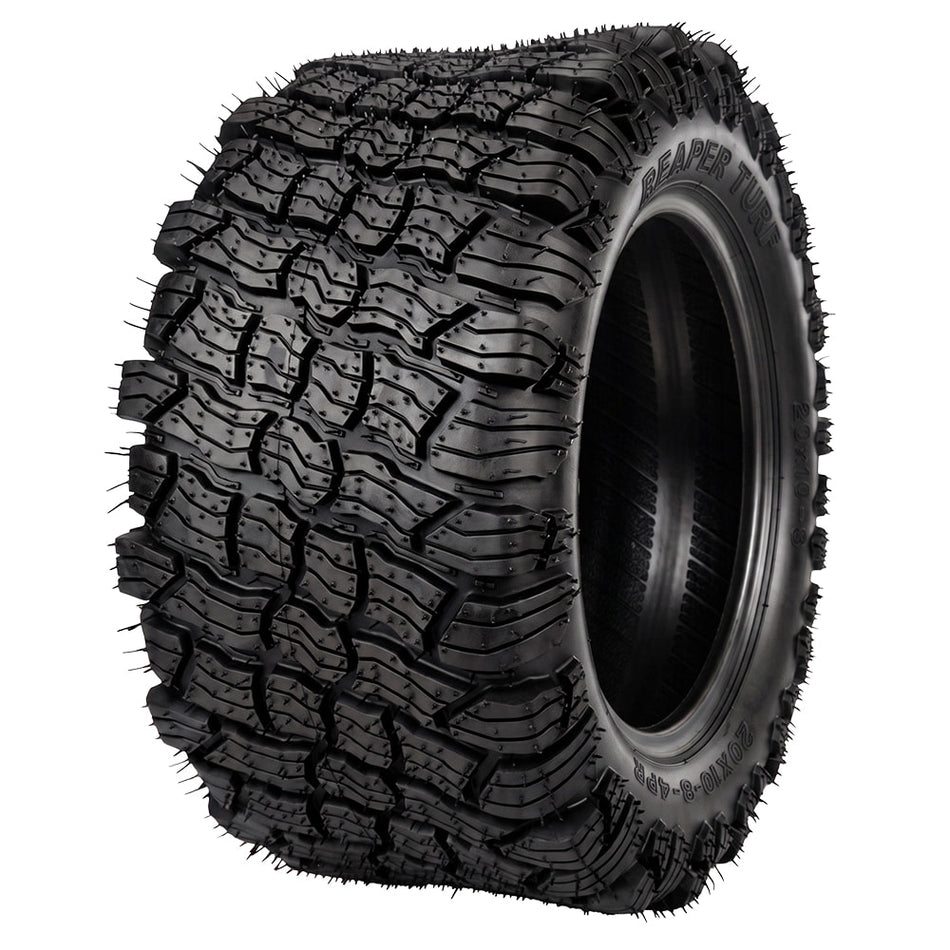 Angled view of the OTR Reaper Turf ZTR, lawn and garden tire, designed as an OEM and aftermarket replacement tire, offering better traction and rugged 4-ply bias construction, available for 8", 10", and 12" rim sizes, all with fast and free shipping from Ride or Die Tire.