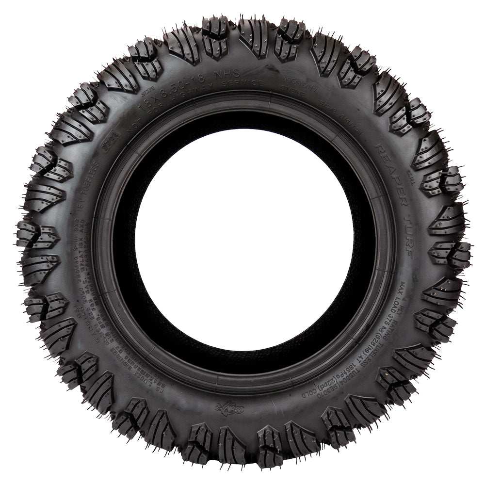 Full sidewall view of the OTR Reaper Turf tire in 18x8.5-10 size, designed for better traction in wet and hilly conditions with the more aggressive tread block design and shoulder lugs, featuring 4-ply bias construction.