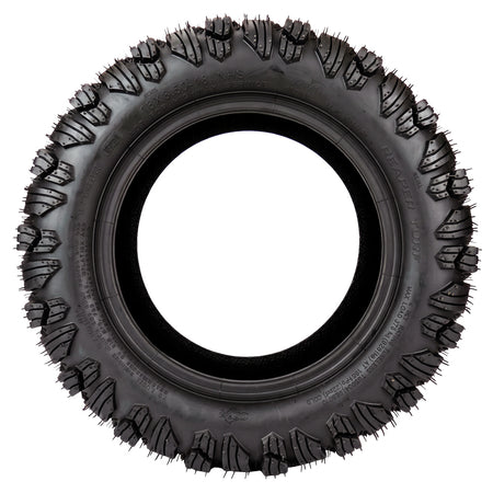Full sidewall view of the OTR Reaper Turf tire in 18x8.5-10 size, designed for better traction in wet and hilly conditions with the more aggressive tread block design and shoulder lugs, featuring 4-ply bias construction.