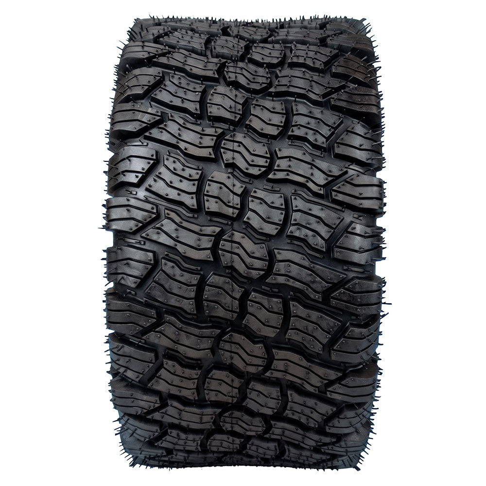 Full tread pattern view of the OTR Reaper Turf lawn and garden tire, showcasing a high traction but yard friendly design, offered in large variety of sizes for yards that are hilly and sloped.