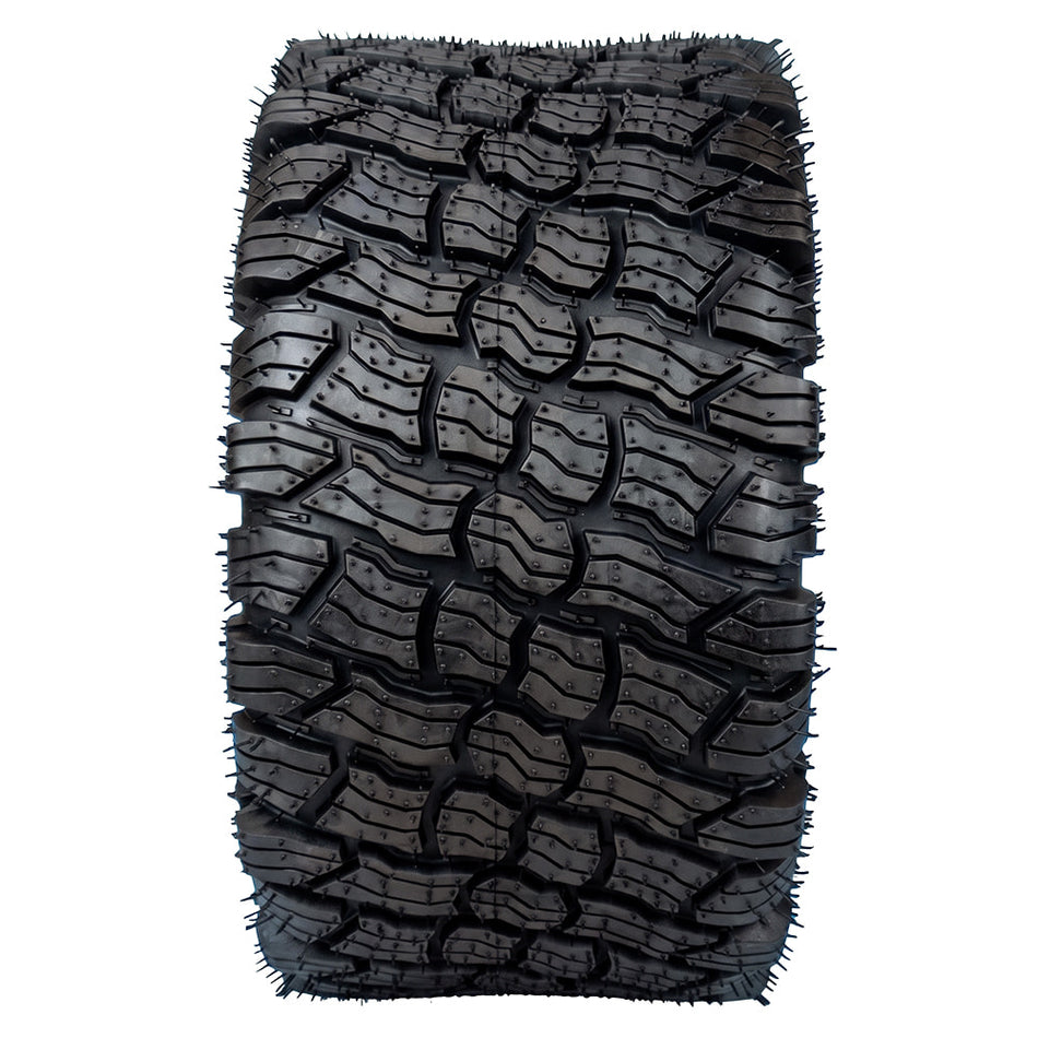 Full tread pattern view of the OTR Reaper Turf lawn and garden tire, showcasing a high traction but yard friendly design, offered in large variety of sizes for yards that are hilly and sloped.