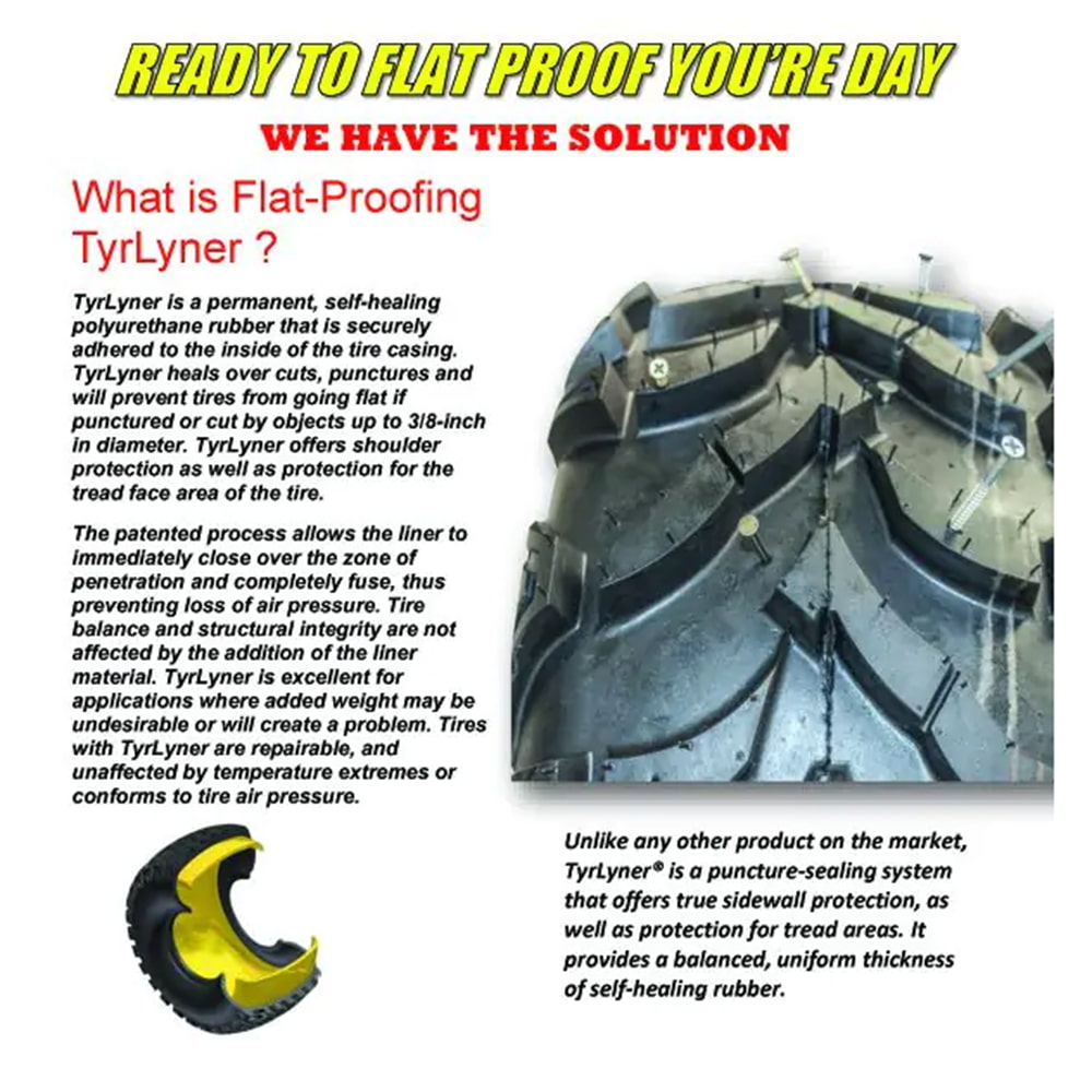 Promotional and feature photo explaining the benefits of OTR Tire's self-healing polyurethane rubber for lawn and turf tires that help seal leaks and prevent loss of tire pressure.