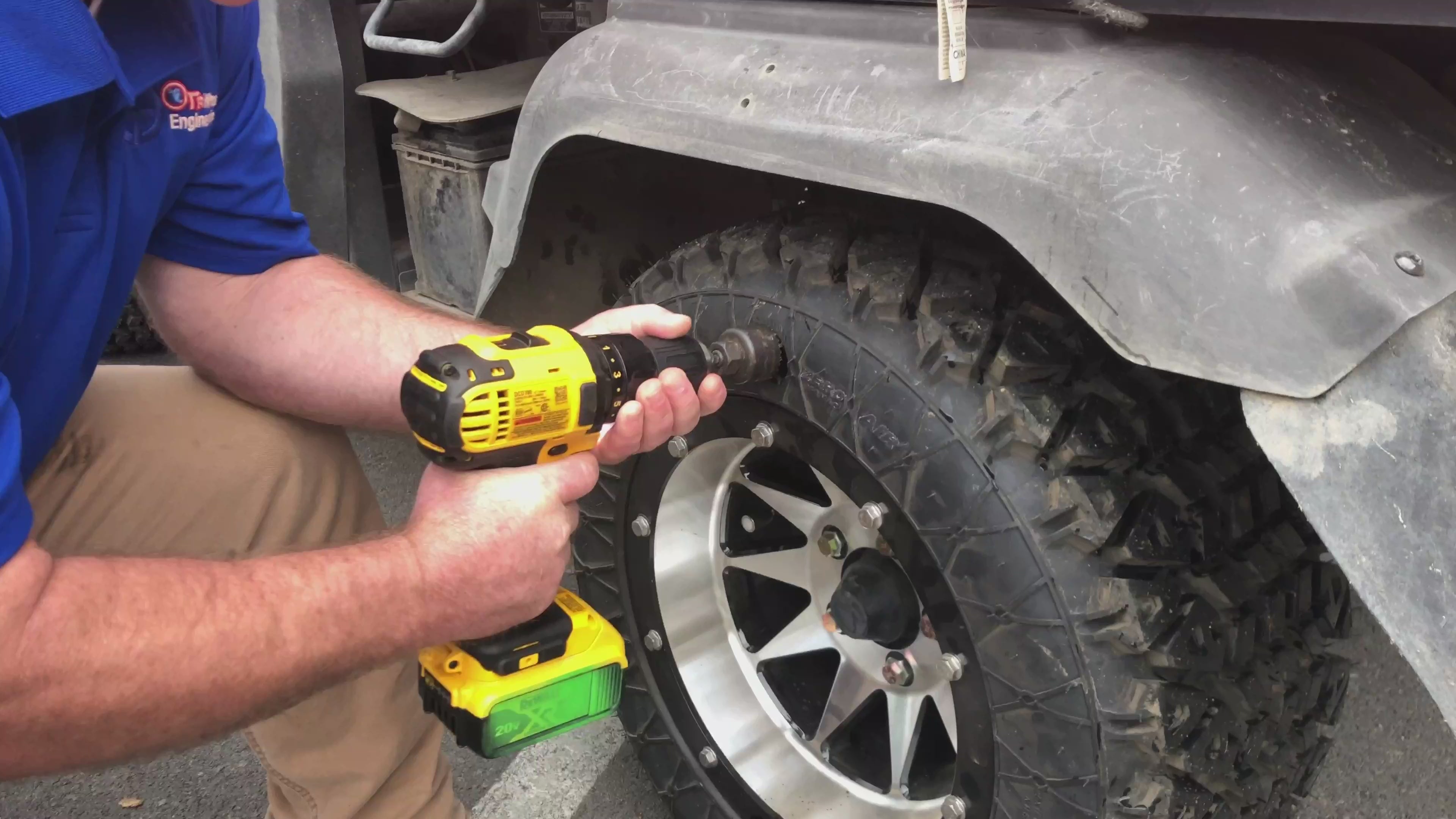Video demonstration of the OTR NDX airless tire assembly durability and damage resistance, the tire withstands a 1" hole drilled in the sidewall and still is capable to continue working.