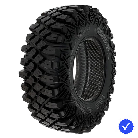 Angled view of the high performance all terrain and rock tire, the Pro Armor Crawler XG, manufactured for Polaris OEM applications and other high performance aftermarket machines, triple-belted strength sidewalls, 8-ply nylon radial construction, and all offered with free shipping.