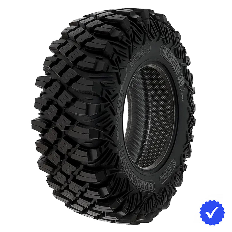 Angled view of the high performance all terrain and rock tire, the Pro Armor Crawler XG, manufactured for Polaris OEM applications and other high performance aftermarket machines, triple-belted strength sidewalls, 8-ply nylon radial construction, and all offered with free shipping.
