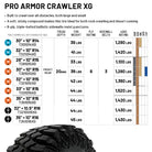 Specification, sizing, and application chart of the Pro Armor Crawler XG SXS nylon radial tire, displaying tire weight, ply rating, sidewall belts, load rating, tread depth, and Polaris OEM model application.
