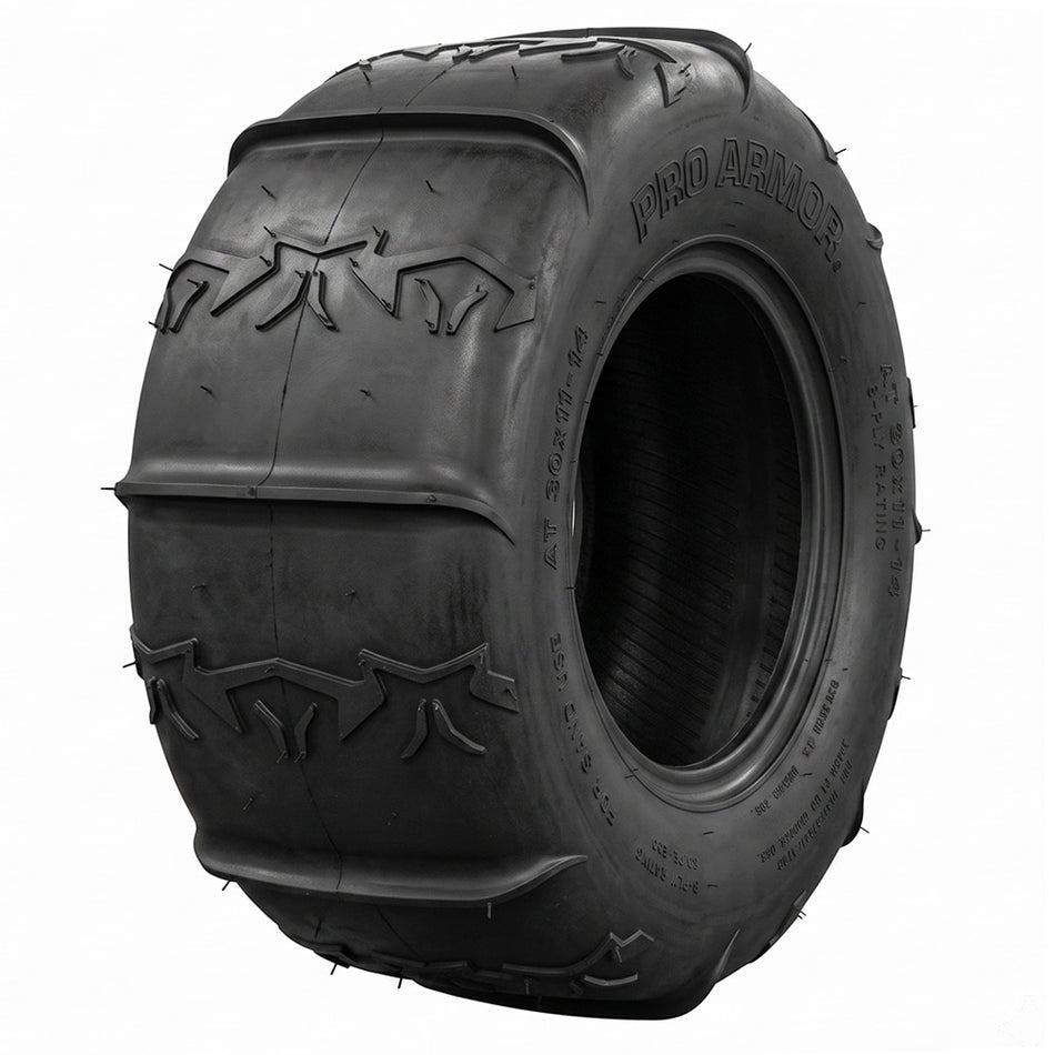 Angled view of the 30x11-14 Pro Armor paddle and sand rear tire, featuring 8-paddle design, and 8-ply bias construction, all sizes offered with fast and free shipping.