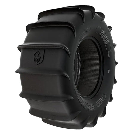 Angled view of the 32x15-15 Pro Armor paddle and sand rear tire, featuring 16-paddle design, and 4-ply bias construction, all sizes offered with fast and free shipping.