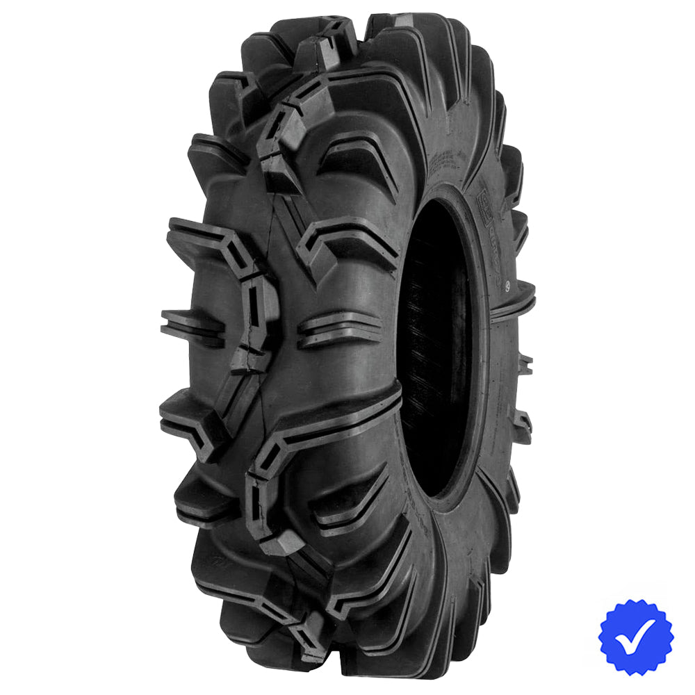Angled view of the aggressive QBT673 mud and swamp tire from QuadBoss, featuring heavy duty 6-ply Bias nylon construction and deep widely spaced and angled paddle lugs and tread blocks for premium traction for swamp tire, offered with free shipping from Ride or Die Tire.
