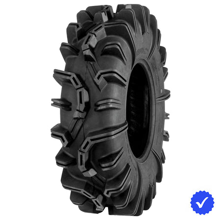 Angled view of the aggressive QBT673 mud and swamp tire from QuadBoss, featuring heavy duty 6-ply Bias nylon construction and deep widely spaced and angled paddle lugs and tread blocks for premium traction for swamp tire, offered with free shipping from Ride or Die Tire.