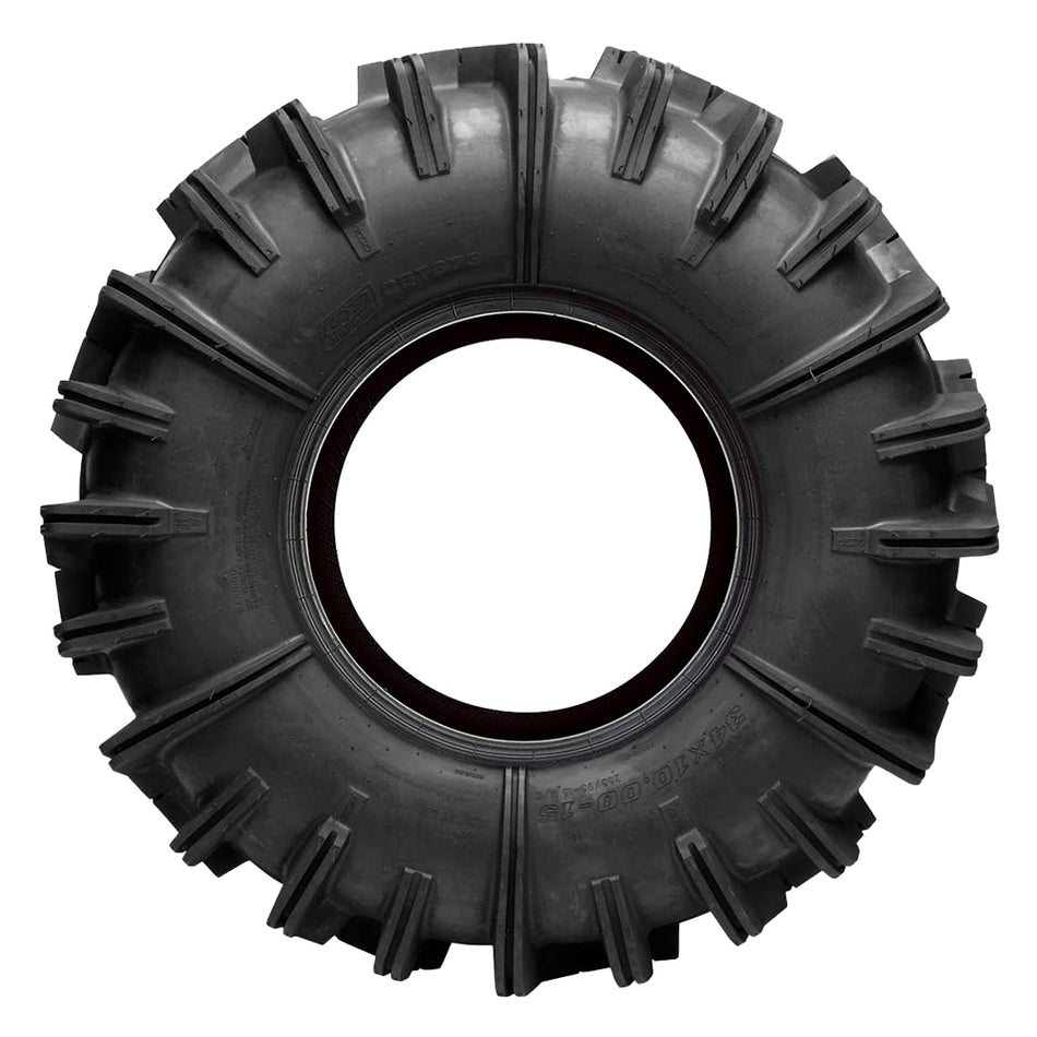 Full sidewall view of the mud and swamp tire from Quadboss, the QBT673 Bias 6-Ply UTV, SXS, and ATV tire, made with aggressive sidewall tread blocks for good traction in deep mud and sloppy swampy conditions.