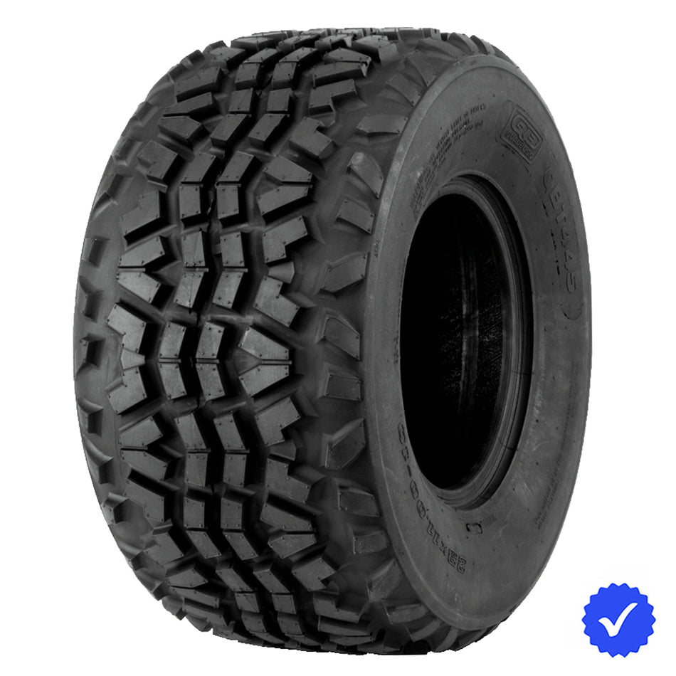 Angled view of the 4-ply Quadboss QBT445 Kawasaki Mule tire, designed to fit a wide variety of UTV applications in 23x11-10 size, featuring high traction all-terrain tread, robust load rating, and fast and free shipping.