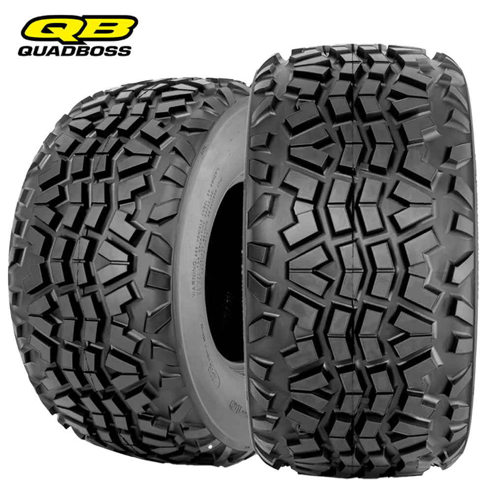 Main product listing photo of the OEM Kawasaki Mule 23x11-10 tire, designed with bias 4-ply construction and high load rating, model Quadboss QBT445, offered with free shipping by Ride or Die Tire.