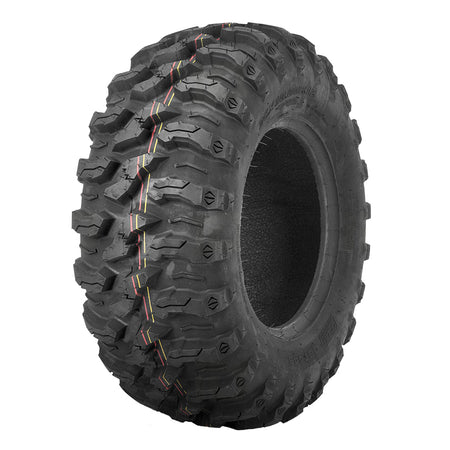 Angled view of the QBT446 off road NHS all-terrain UTV tire for sale, available in 12", 14", and 15" rim sizes, made with tough 8-ply radial construction and clamshell mold technology.
