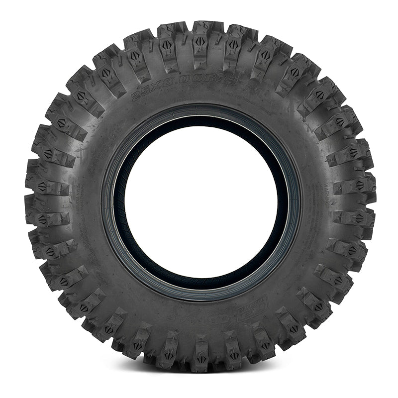 Sidewall view of the QBT446 UTV and SXS heavy duty 8-ply radial tire with wrap around shoulder lugs, available in sizes for 12", 14", and 15" wheels.