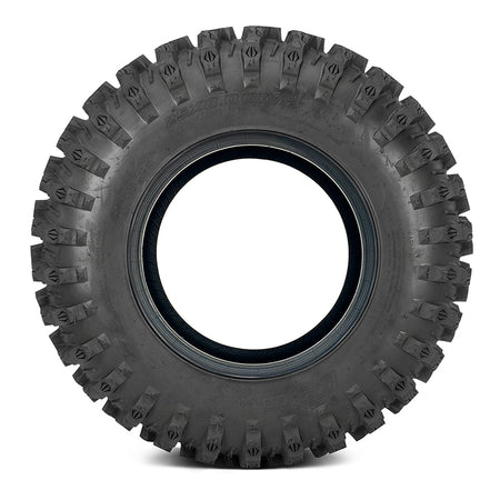 Sidewall view of the QBT446 UTV and SXS heavy duty 8-ply radial tire with wrap around shoulder lugs, available in sizes for 12", 14", and 15" wheels.