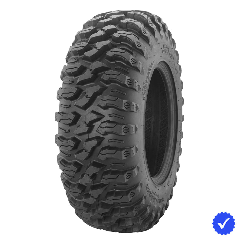 Angled view of QBT446 P3027 all-terrain NHS rated 8-ply radial side-by-side and UTV tire made by Quadboss, available for sale with free shipping by Ride or Die Tire.