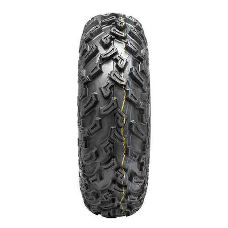 Additional view of the unique angled directional tread pattern design of the front QBT447 ATV 6-ply tire made by Quadboss.