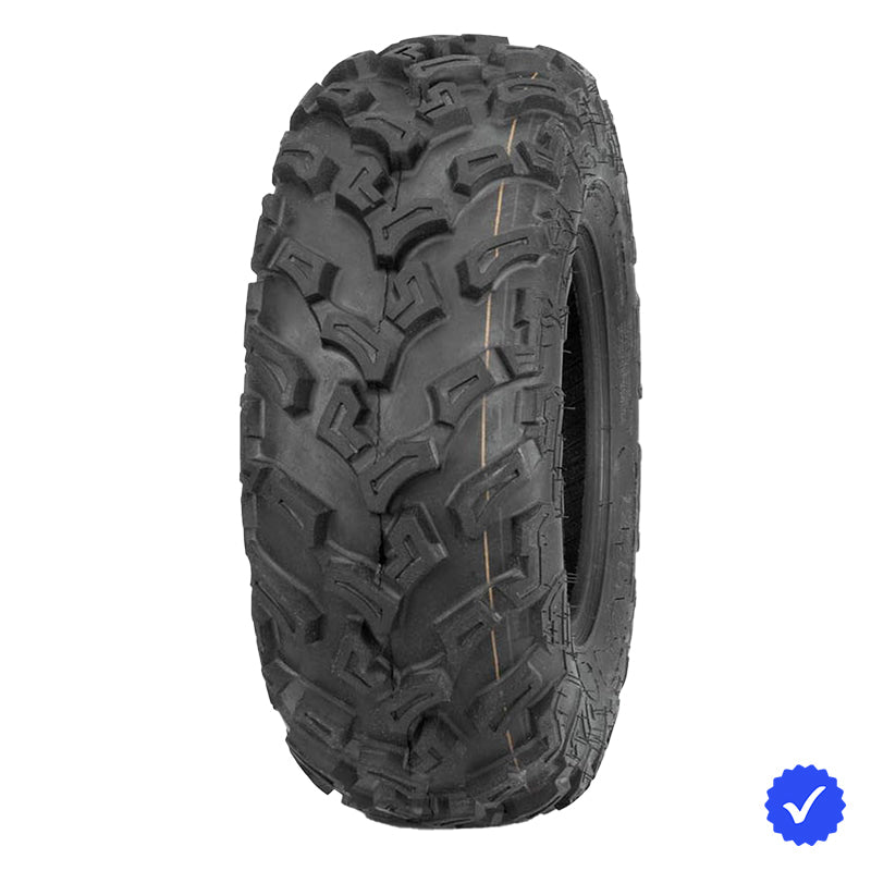 Angled view of the Quadboss QBT447 directional heavy duty 6-ply bias ATV and UTV front tire, offered with free shipping, sold by Ride or Die Tire.