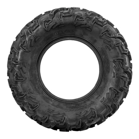 Sidewall view of the 6-ply bias UTV and ATV tire QBT447 made by Quadboss, with directional rugged tread pattern.