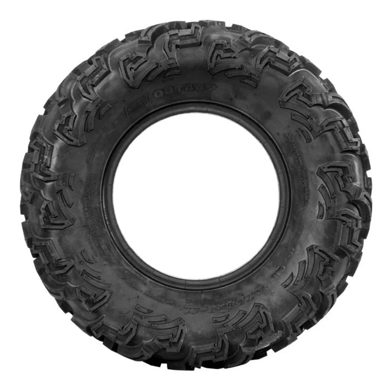 Sidewall view of the 6-ply bias UTV and ATV tire QBT447 made by Quadboss, with directional rugged tread pattern.