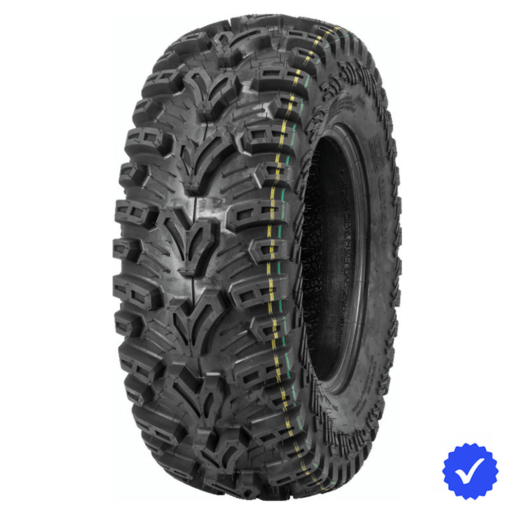 Angled view of the Quadboss QBT448 6-ply bias UTV and ATV front tire featuring aggressive checkmark style center lug directional design for most popular sizes, all offered with free shipping from Ride or Die Tire.