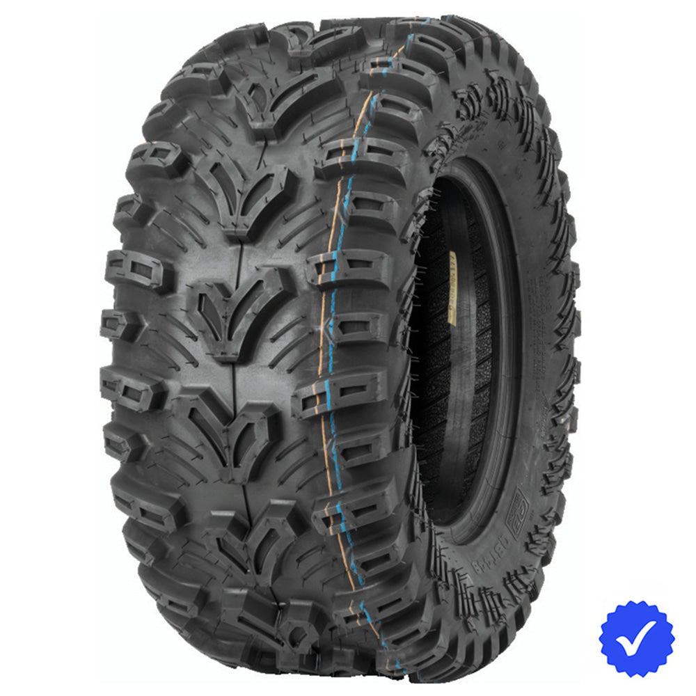 Angled view of the Quadboss QBT448 6-ply bias UTV and ATV rear tire featuring aggressive checkmark style center lug directional design for most popular sizes, all offered with free shipping.