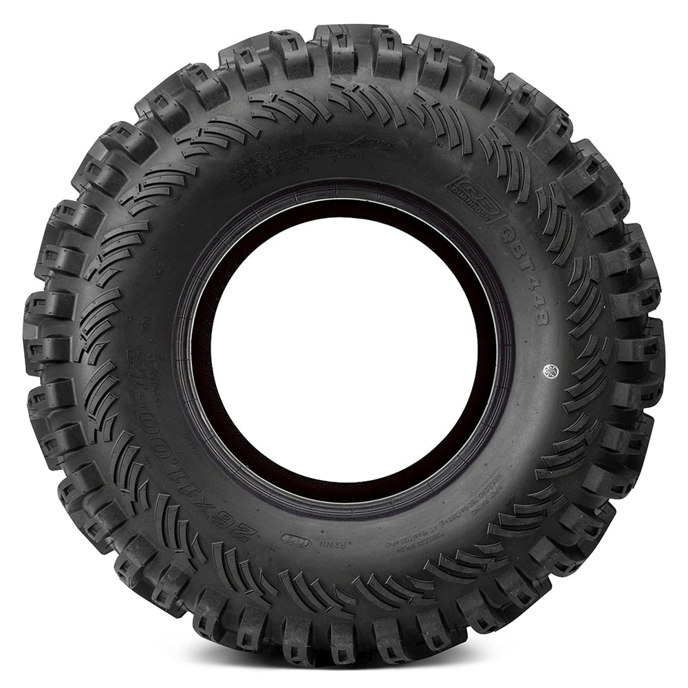 Full sidewall view of the Quadboss QBT448 6-Ply Bias tire designed in most popular sizes for UTV, SXS, and ATVs, featuring bold sidewall design to help protect against damage and an aggressive tread pattern for great traction in muddy and wet conditions.