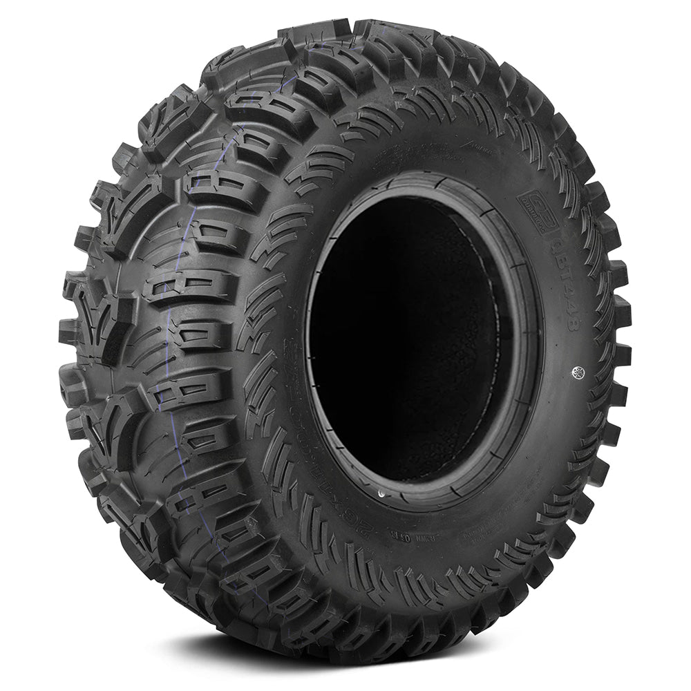 Alternate angled view of the QBT448 mud-terrain 6-ply tire designed for multi-purpose use with large center knobs to reduce roll resistance, featuring 3/4" tread depth OEM sizes for a variety of applications.