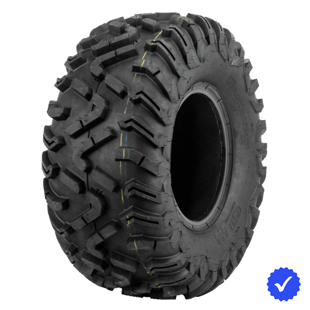 Angled view of the QuadBoss QBT454 utility and ATV tire, designed with tough 6-ply radial construction, deep lugs, alternating angled tread bars, and available in popular sizes for 12" and 14" wheel diameters, all offered with free shipping by Ride or Die Tire.