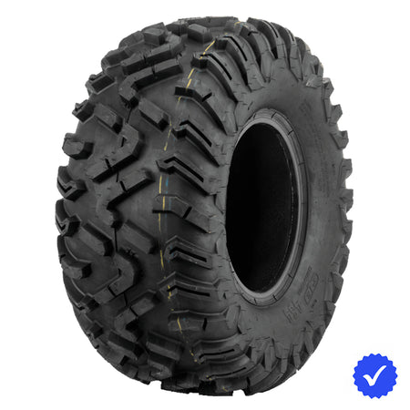 Angled view of the QuadBoss QBT454 utility and ATV tire, designed with tough 6-ply radial construction, deep lugs, alternating angled tread bars, and available in popular sizes for 12" and 14" wheel diameters, all offered with free shipping by Ride or Die Tire.