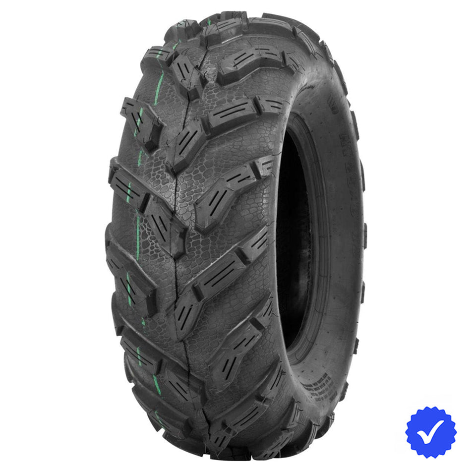 Angled view of the Quadboss QBT671 front mud-terrain directional tire, available in 25x8-12 and 26x9-12 sizes for front applications, featuring deep angled directional lugs and tough bias 6-ply construction, offered with free shipping by Ride or Die Tire.