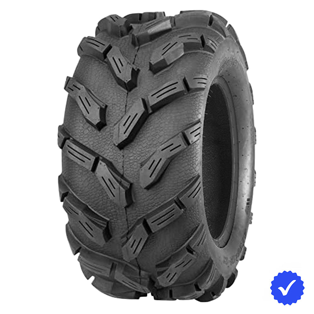 Angled view of the Quadboss QBT671 rear mud-terrain directional tire, available in 25x10-12 and 26x10-12 sizes for rear applications, featuring deep angled directional lugs and tough bias 6-ply construction, offered with free shipping by Ride or Die Tire.
