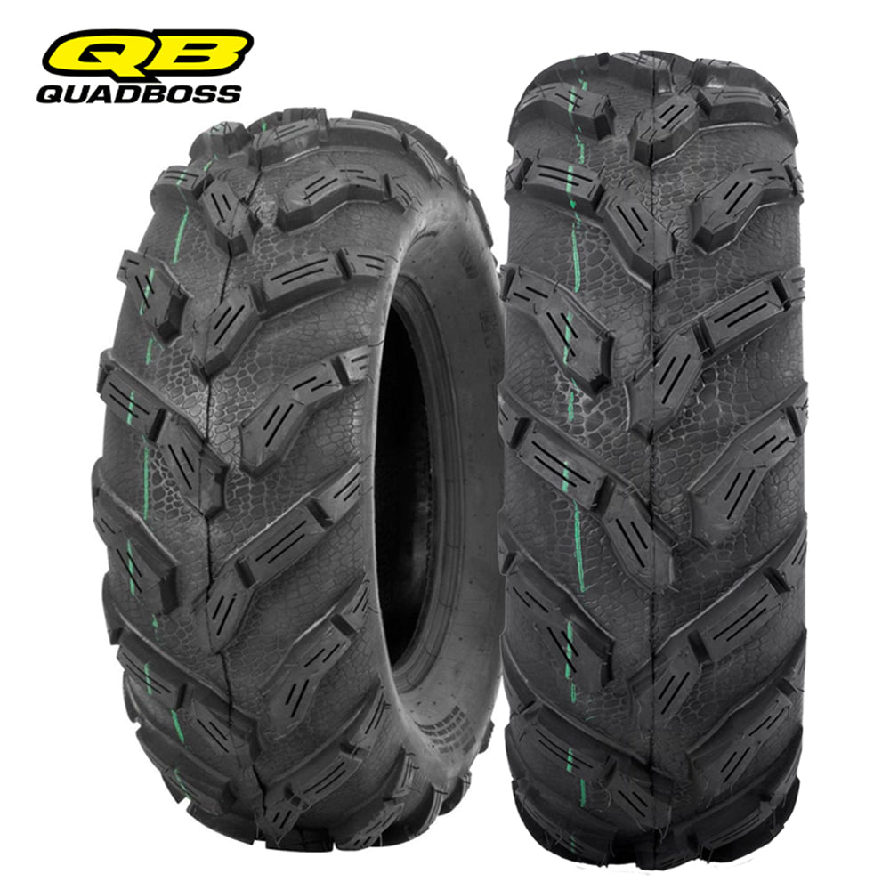 Main listing photo of the Quadboss QBT671 ATV and UTV 6-ply Bias mud-terrain tires for 12" diameter rims, featuring deep directional tread and scaled casing to promote good clean-out and traction in deep mud, wet, and swampy conditions, sold by Ride or Die Tire.