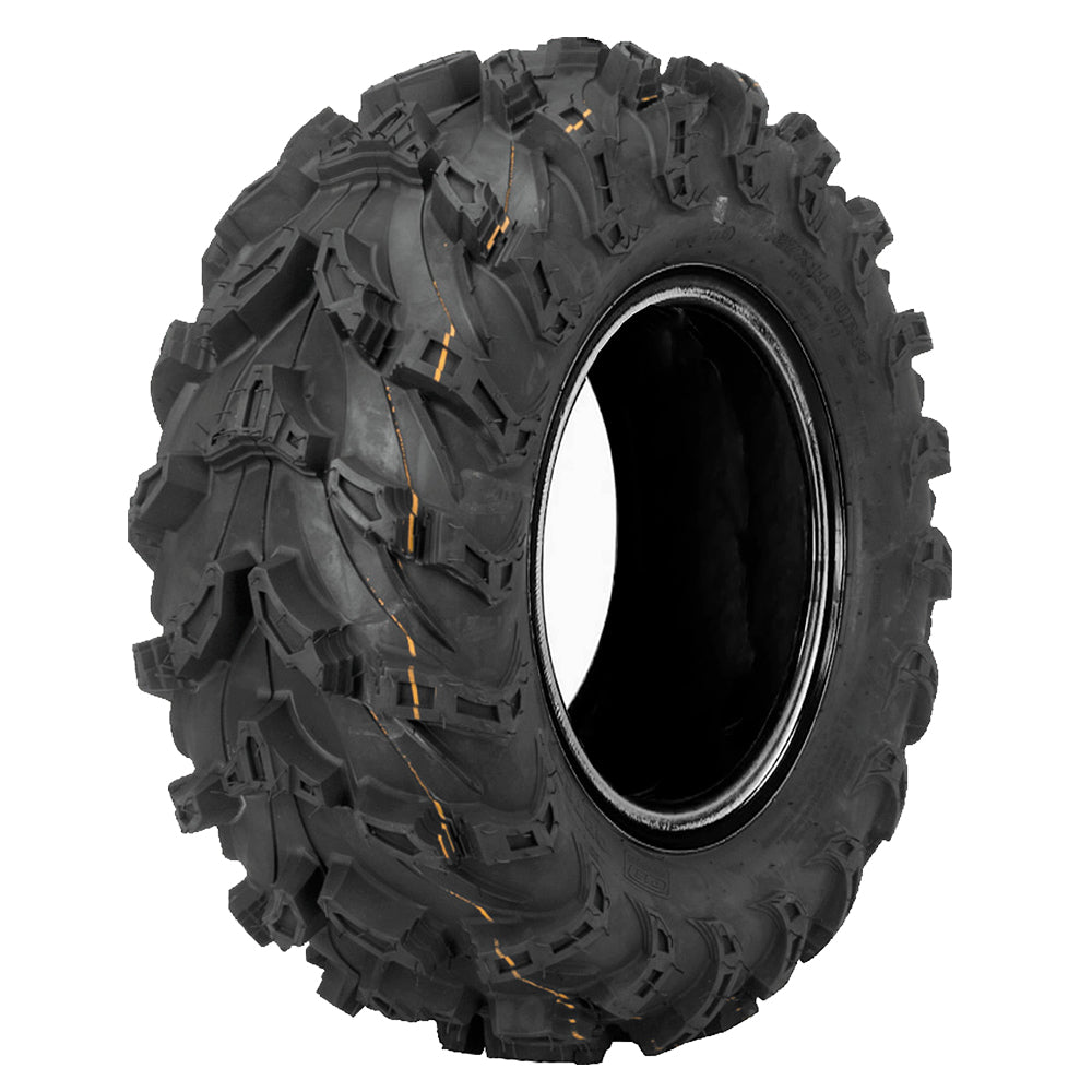 Angled view of the QBT672 8-ply Radial UTV and SXS tire by QuadBoss, showcasing a deep angled directional tread pattern designed for good clean out from casing design and stepped lugs as well as great riding design with radial construction.