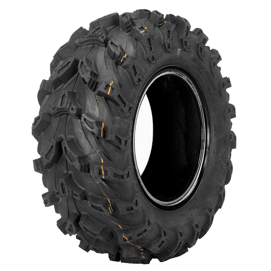 Angled view of the QBT672 8-ply Radial UTV and SXS tire by QuadBoss, showcasing a deep angled directional tread pattern designed for good clean out from casing design and stepped lugs as well as great riding design with radial construction.
