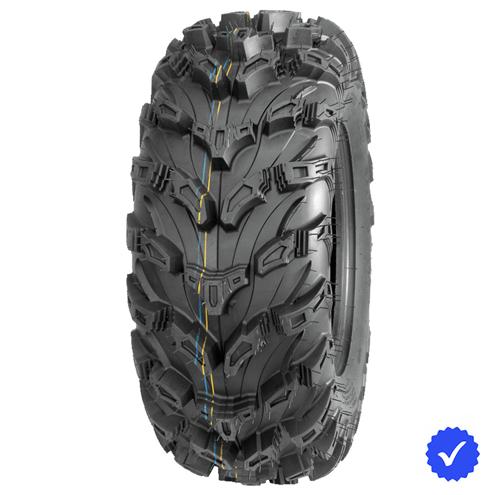 Angled view of the tough 8-ply construction of the QuadBoss QBT672 radial UTV and SXS front tire, available in popular 12" and 14" rim sizes, designed for premium traction in mud and swampy conditions, offered with free shipping from Ride or Die Tire.