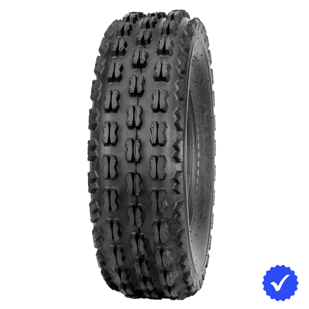 Angled view of the high value, great performing Bias construction 4-ply QBT732 ATV and Quad front tire in 19x7-8 size, by Quadboss, engineered for great traction and steering response, offered with fast and free shipping for a single tire or a set of 2.