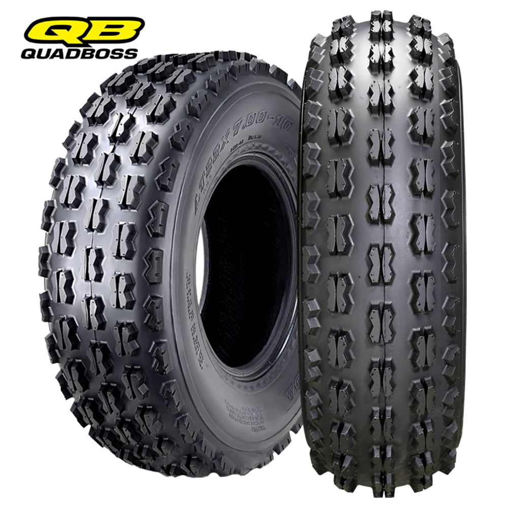 Quadboss QBT738 4-ply ATV sport all terrain front tire available in 22x7-10 size, featuring a high traction design with unique tread block shape and affordable pricing, offered with free shipping by Ride or Die Tire.