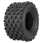 Angled view of the high value, great performing 4-ply QBT739 ATV and Quad tire by Quadboss, engineered for high traction during acceleration and braking while allowing medium side-slide during hard cornering, offered with free shipping for individual tires or a set of 2.